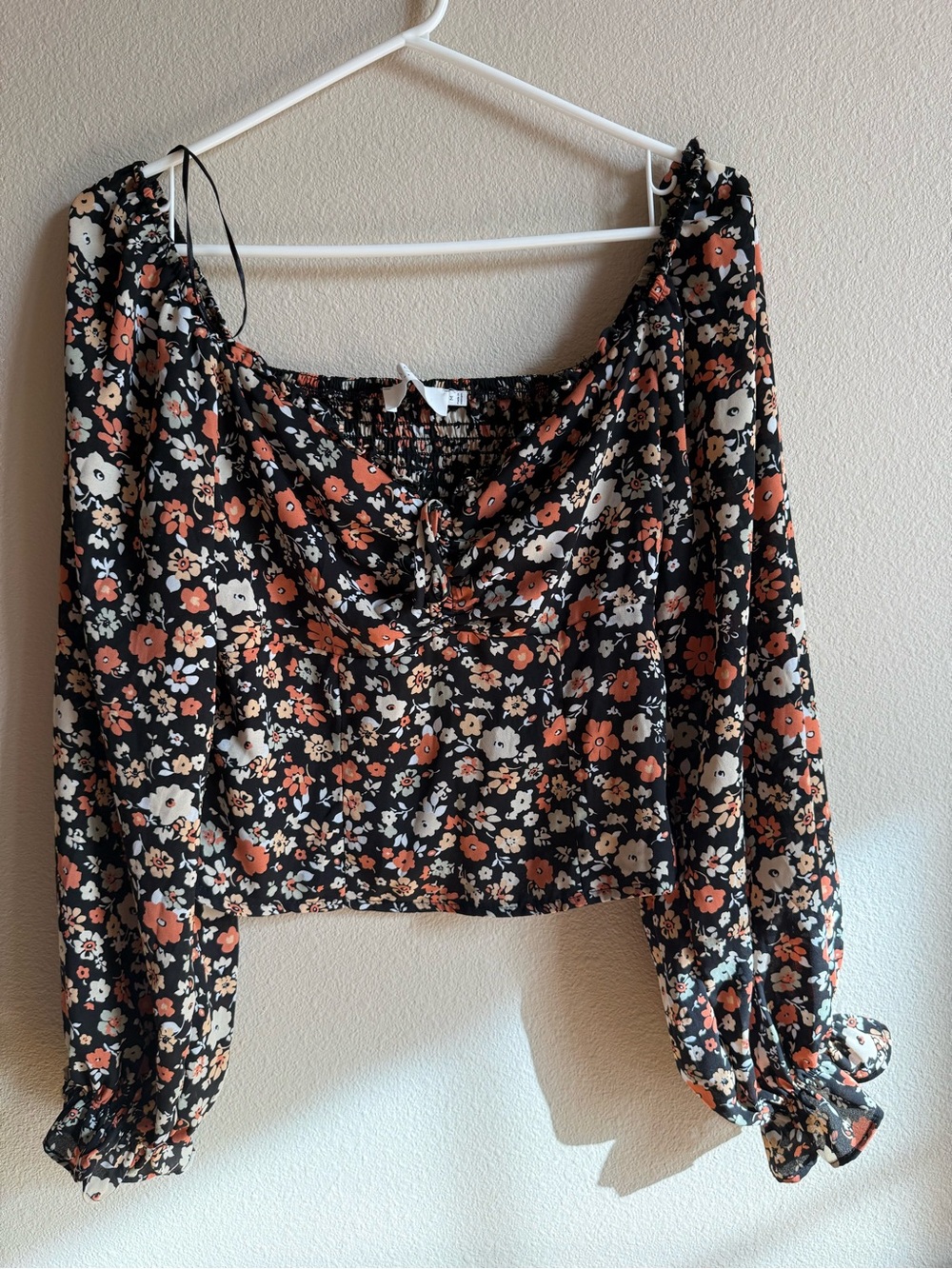 Astr Black Off-Shoulder Blouse with Rust and Cream Floral Print